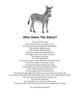 Preview of Who Owns the Zebra? (with manipulatives page and possible answer)