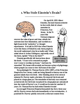 Preview of Who Stole Einstein's Brain? 1 PAGE Sci Literacy Article with Follow-up Questions
