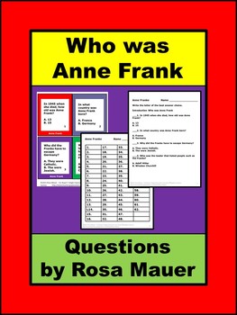 Preview of Who Was Anne Frank? Questions Task Cards & Worksheet