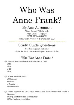 Preview of Who Was Anne Frank? by Ann Abramson; Multiple-Choice Study Guide Quiz