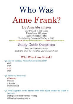 Preview of Who Was Anne Frank? by Ann Abramson; Multiple-Choice Study Guide Quiz w/Ans Key