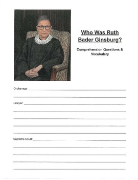 Preview of Who Was Ruth Bader Ginsburg? Comprehension ?'s & Activities