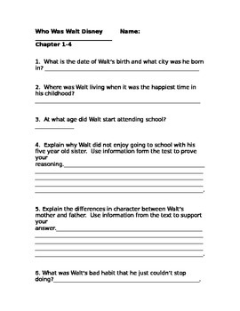 Preview of Who Was Walt Disney? Comprehension Questions Chapter 1-4