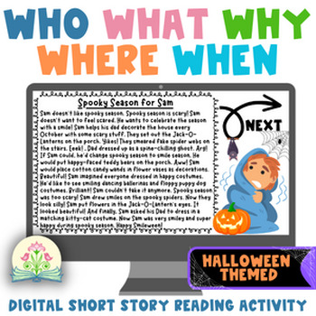 Preview of Who What Where When Why Differentiated Worksheets & Digital Game | Halloween Fun