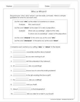 Who, Whom, Whoever, Whomever - 3 how-to & practice worksheets - Grades ...