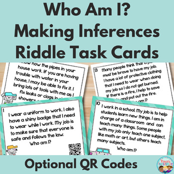 Preview of Making Inferences Task Cards Who Am I? Riddles with Optional QR Codes