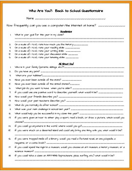Who are you? - Back to School Questionnaire for Students | TPT