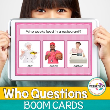 Preview of Who Questions Community Helpers Speech Therapy | Digital Boom Cards Teletherapy