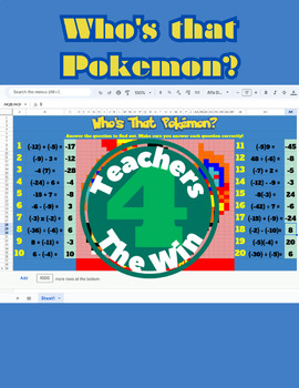 Preview of Who's That Pokemon?! Mystery Pixel Art Activity Integers Self-Check