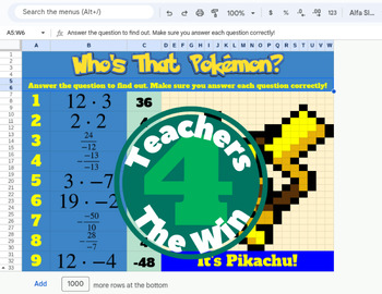 Preview of Who's That Pokemon?! Mystery Pixel Art Integer-Multiplication/Division Activity