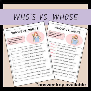 Preview of Whose vs Who's Language Arts Grammar Worksheet for 4th Grade