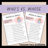 Whose vs Who's Language Arts Grammar Worksheet for 4th Grade