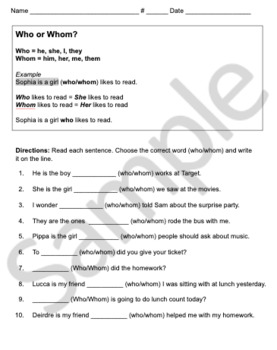 Preview of Who vs. Whom worksheet