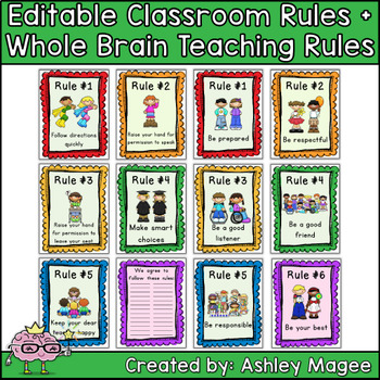 Preview of Editable Classroom Rules & Whole Brain Teaching Rules Posters - FREE