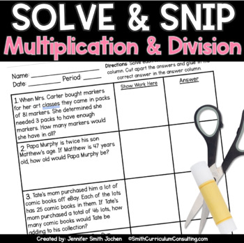 Preview of Whole Number Multiplication and Division Solve and Snip® Word Problems