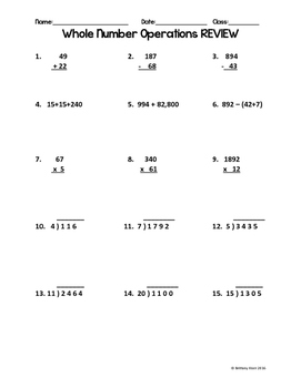 whole number operations practice worksheet by brittany kiser tpt