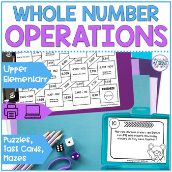 Preview of Whole Number Operations Puzzles Mazes Task Cards Quizzes
