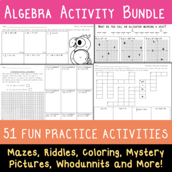 Preview of Whole Year Algebra Activity Bundle - Coloring, Mazes, Mysteries, Riddles & More!