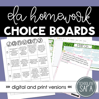 Preview of Whole Year Language Arts Choice Board Homework Calendar- Digital and Print
