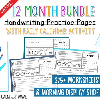 Preview of Whole Year Themed Daily Handwriting Practice Worksheets with Daily Calendar Work