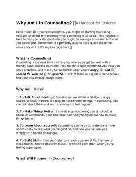 Preview of Why Am I in Counseling? A Handout for Children Template (Modifiable)