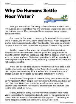 Preview of Why Do People Settle Near Water (Reading, Worksheet, and Vocabulary!)