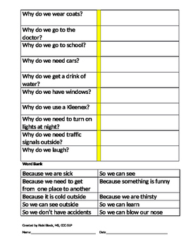 why question worksheet by preschool speechie plus tpt