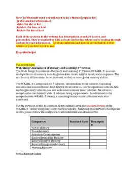 Preview of Wide Range Assessment of Memory and Learning-3 (WRAML3) Template