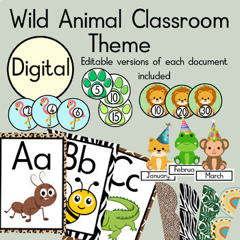 Preview of Wild Animal Theme Classroom Decor Display Editable