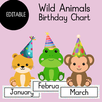 Preview of Wild Animal Themed Birthday Chart Display Classroom Decor Editable