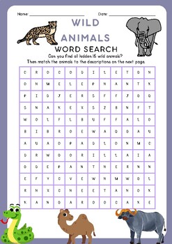 Wild Animal Word Search and Description Exercise Worksheet. by ENTER - ONE