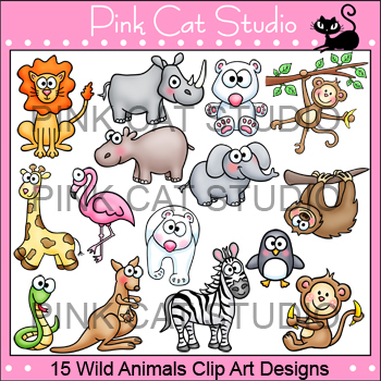 Preview of Wild Animals Clip Art: lion, elephant, monkey, penguin, kangaroo, giraffe, snake