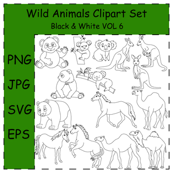 Preview of Wild Animals Clipart Set. Camel, Horse, Kangaroo, Koala, Panda | Commercial Use