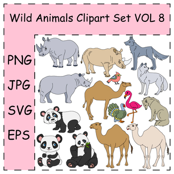 Preview of Wild Animals Clipart Set. Camel, Panda, Rhino, Wolf, Birds | Commercial Use