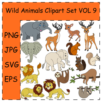 Preview of Wild Animals Clipart Set. Deer, Elephant, Lion, Sloth, Squirrel | Commercial Use