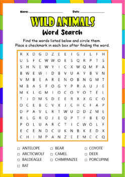 Preview of Wild Animals Names Fun Vocabulary Word Search Worksheets Puzzles