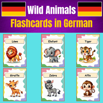 Preview of Wild Animals: Printable Flashcards in German for Kids.