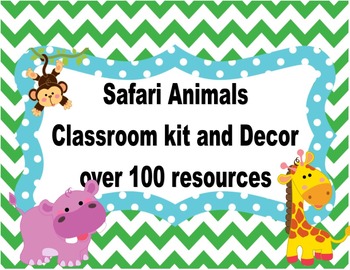 Preview of Wild Animals Safari Classroom Kit and Decor ( Green Chevron and Blue Poka-dots)