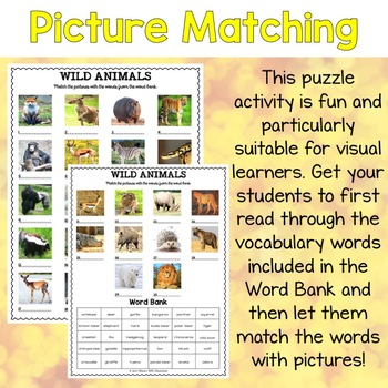 Wild Animals ESL Activities Picture and Definition Matching Puzzles