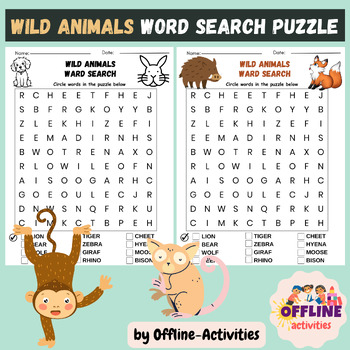 Wild Animals Word Search Puzzle Worksheet Activity by Offline-Activities