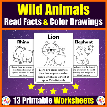 Wild Animals Worksheets. let's learn about Animals, read facts & color  drawing