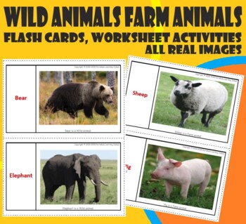 Wild Animals and Farm Animals- Flash Cards, Worksheets - All real Images
