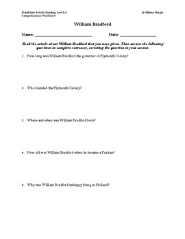 Preview of William Bradford Article (Reading Level 1) Comprehension Worksheet