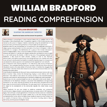 Preview of William Bradford Reading Comprehension Worksheet Thanksgiving Story Personality