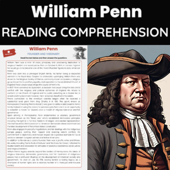 Preview of William Penn Reading Comprehension | US History and Pennsylvania History