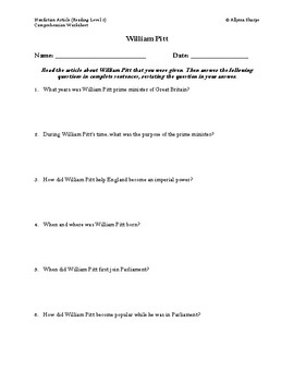 Preview of William Pitt the Elder Article (Reading Level 2) Comprehension Worksheet
