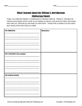 Preview of William S. Hart Museum Reflection Sheet.   A field trip reflection sheet.