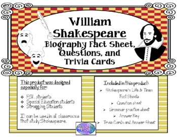 Preview of William Shakespeare Biography Fact Sheet and Trivia Cards