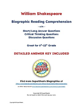 Preview of William Shakespeare Biography: Reading Comprehension & Questions w/ Answer Key