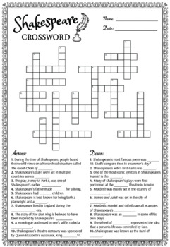 Preview of William Shakespeare Crossword - Interactive PDF with answer sheet